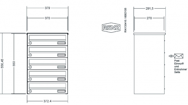 RENZ Briefkastenanlage, Aufputz, Classic Basic B, Edelstahl V4A, Kastenformat 370x110x270mm, 5-teilig